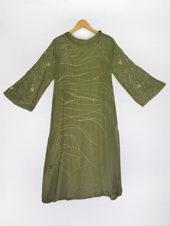 Olive Whisper Cutdana &amp; shimmer Semi-Stitched Set
