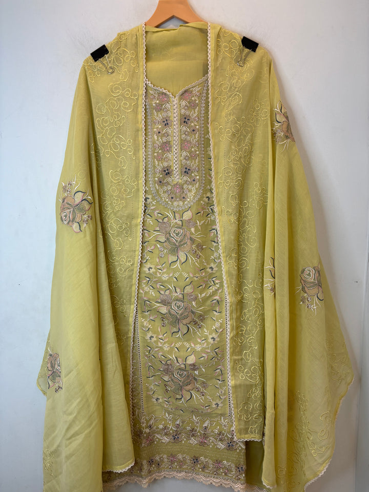 Zarvini – Yellow Mul Cotton Zari Floral Suit