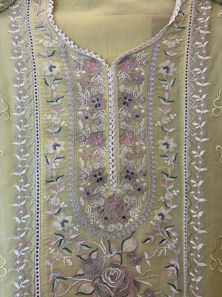 Zarvini – Yellow Mul Cotton Zari Floral Suit