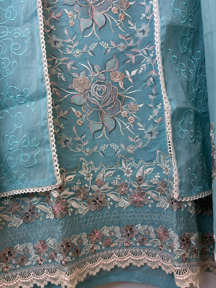 Zarvini – Blue Mul Cotton Zari Floral Suit