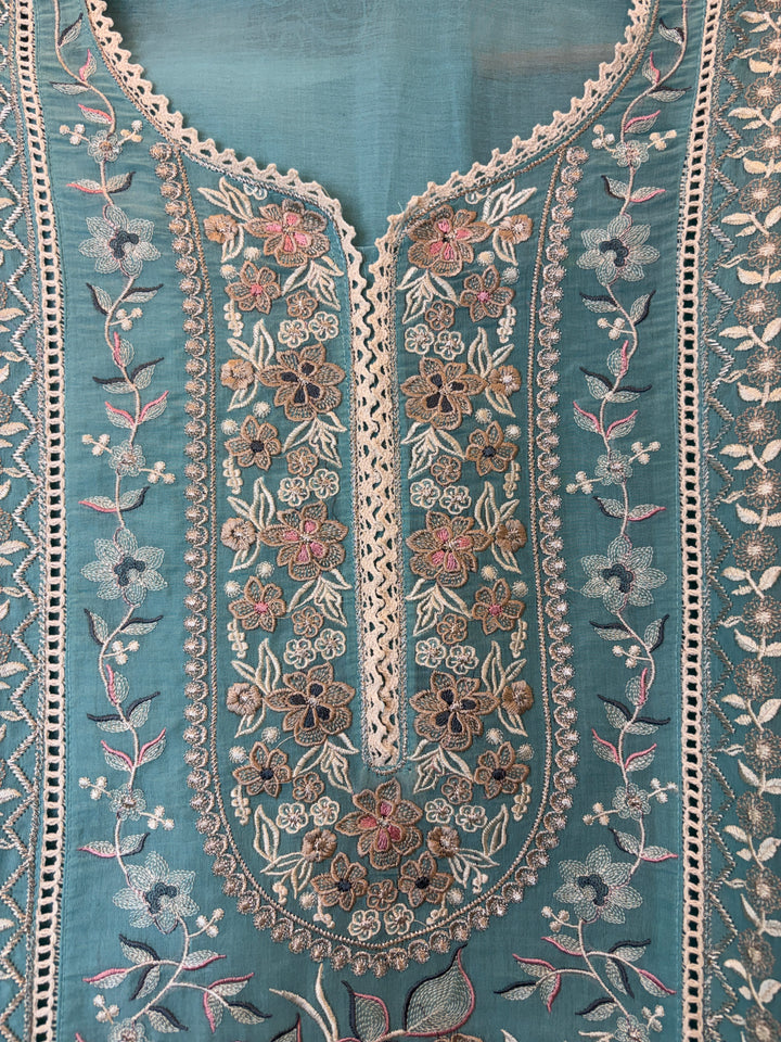 Zarvini – Blue Mul Cotton Zari Floral Suit