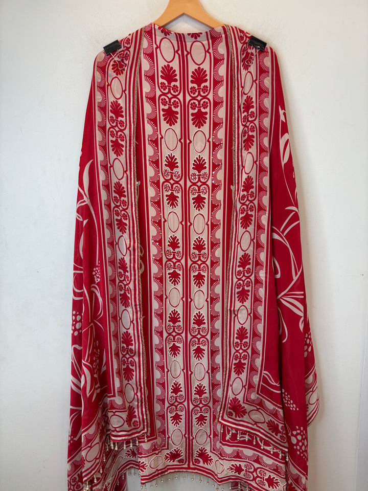 Zarela – Red Pure Crepe Pearl Print Suit