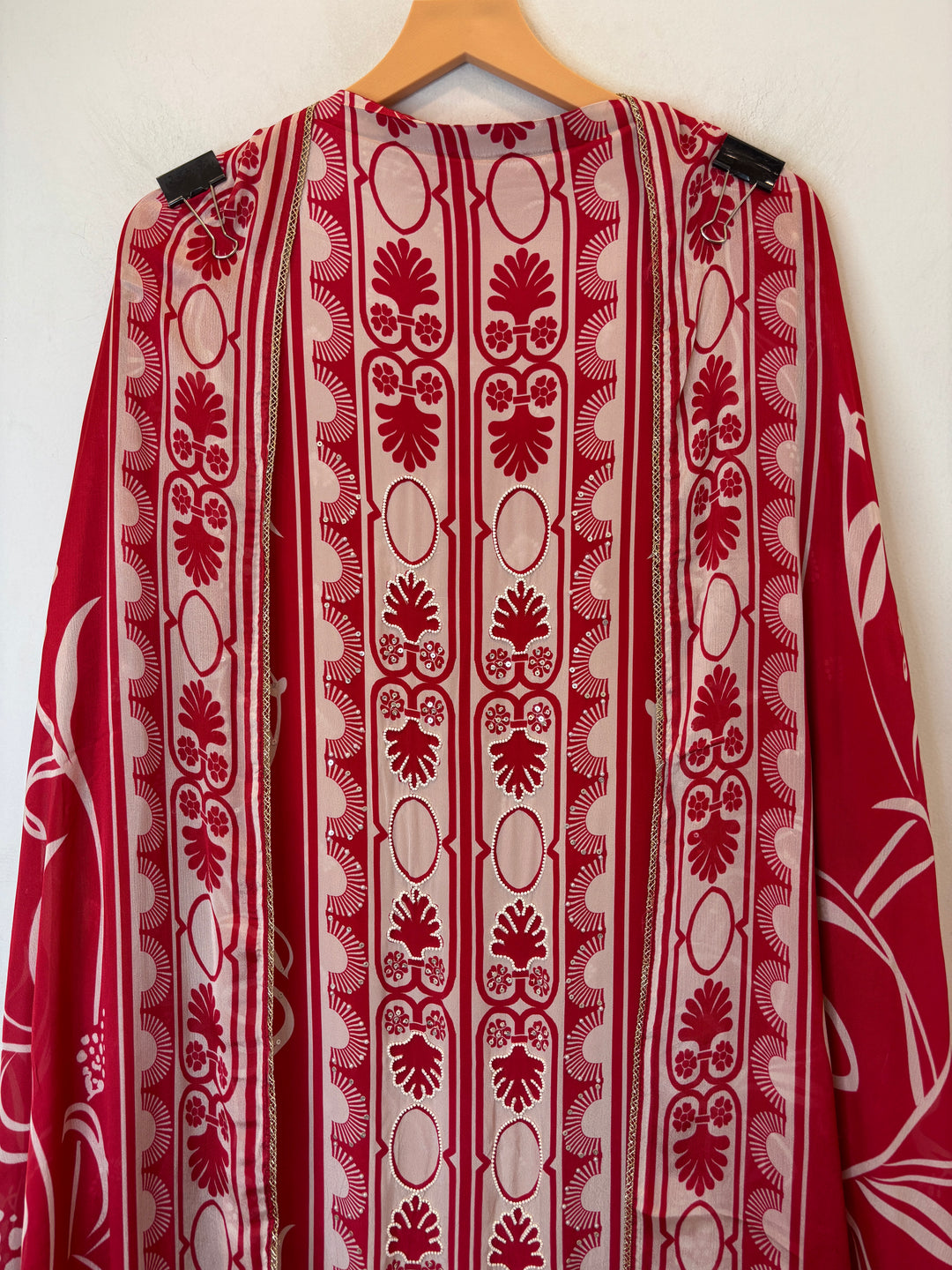 Zarela – Red Pure Crepe Pearl Print Suit