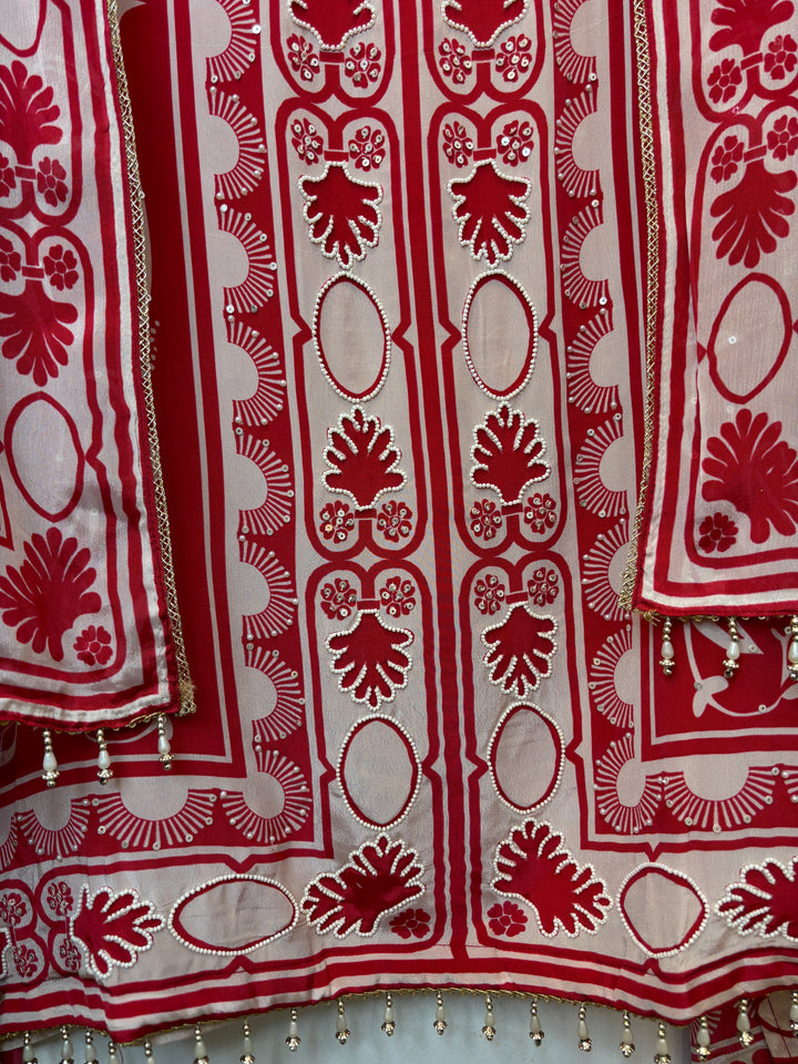 Zarela – Red Pure Crepe Pearl Print Suit