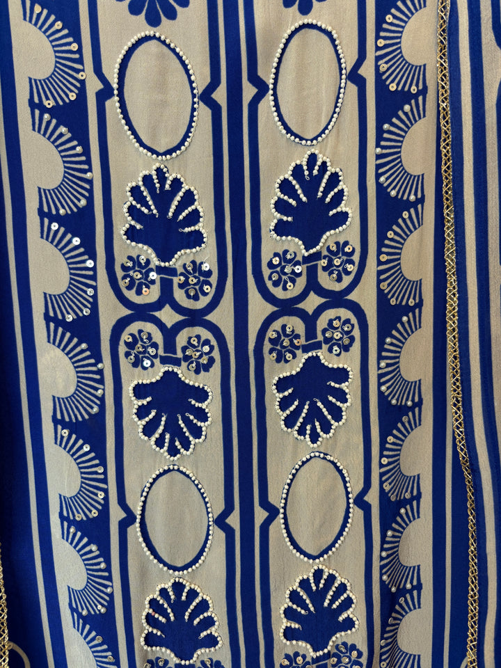 Zarela – Dark Blue Pure Crepe Pearl Print Suit