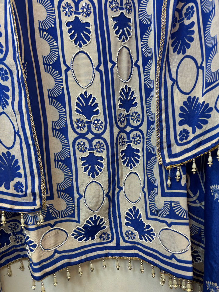 Zarela – Dark Blue Pure Crepe Pearl Print Suit