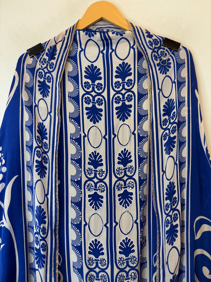 Zarela – Dark Blue Pure Crepe Pearl Print Suit
