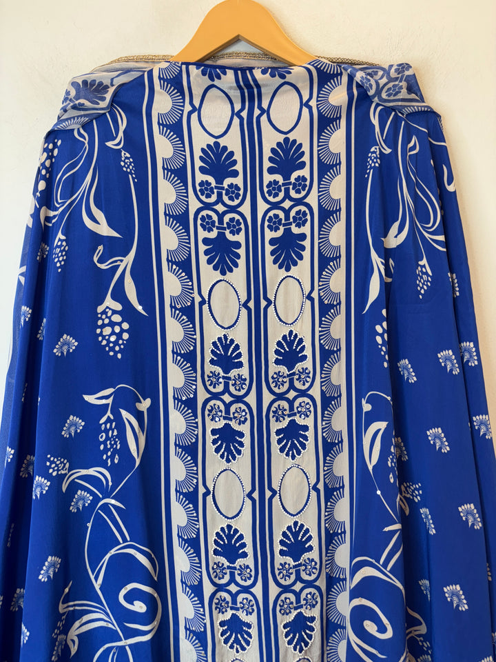 Zarela – Dark Blue Pure Crepe Pearl Print Suit