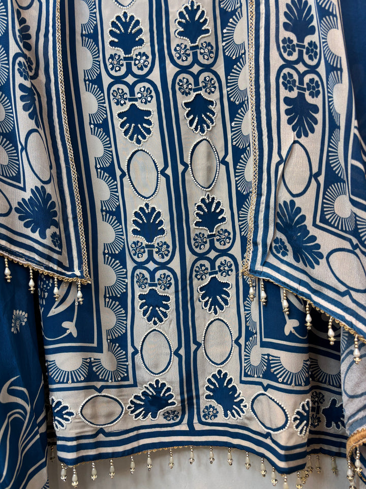 Zarela – Blue Pure Crepe Pearl Print Suit