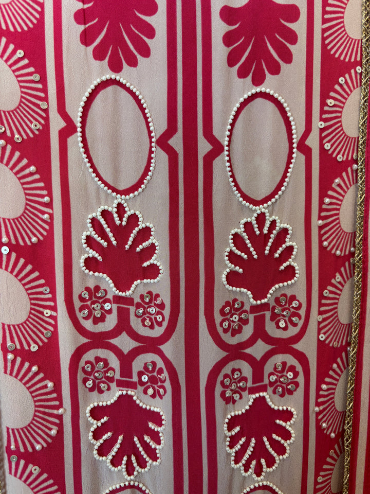 Zarela – Pink Pure Crepe Pearl Print Suit