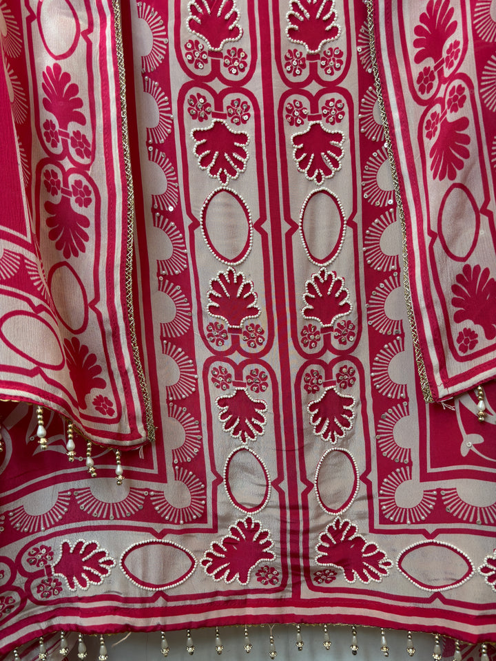Zarela – Pink Pure Crepe Pearl Print Suit