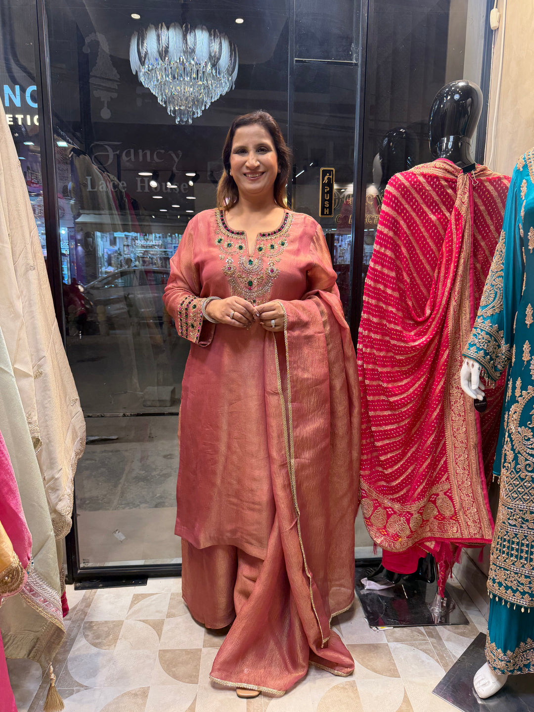 Elara – Blush Pink Pure Tissue Dabka Embellished Palazzo Set
