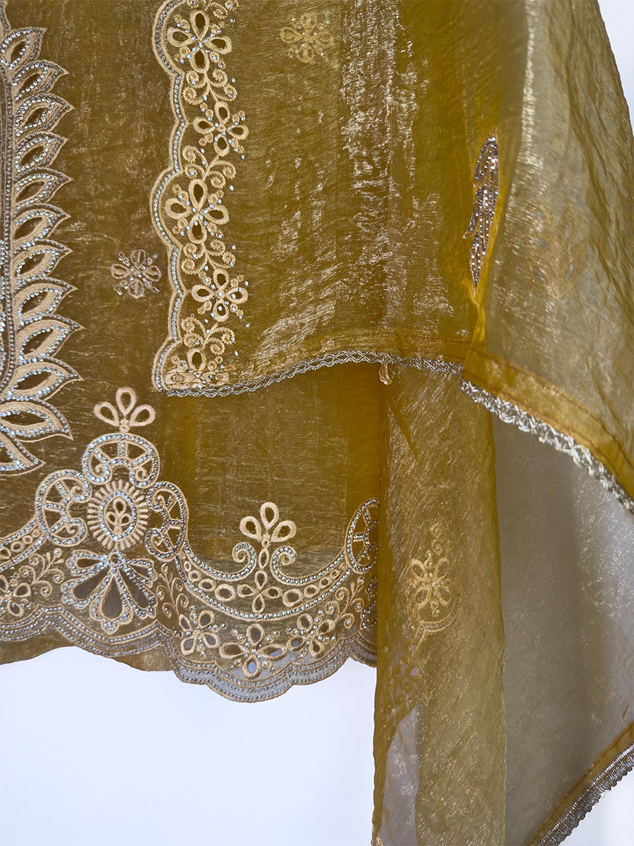 Sunehri – Laser Work Tissue Suit (Antique Mustard)