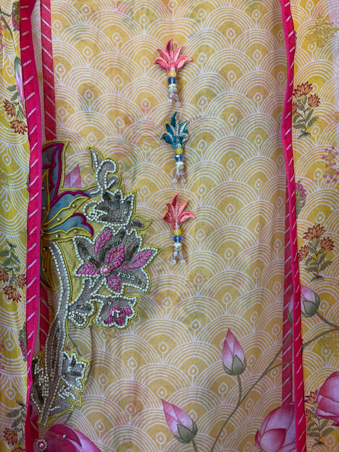 Zarmina – Yellow Organza Printed Tassel Suit