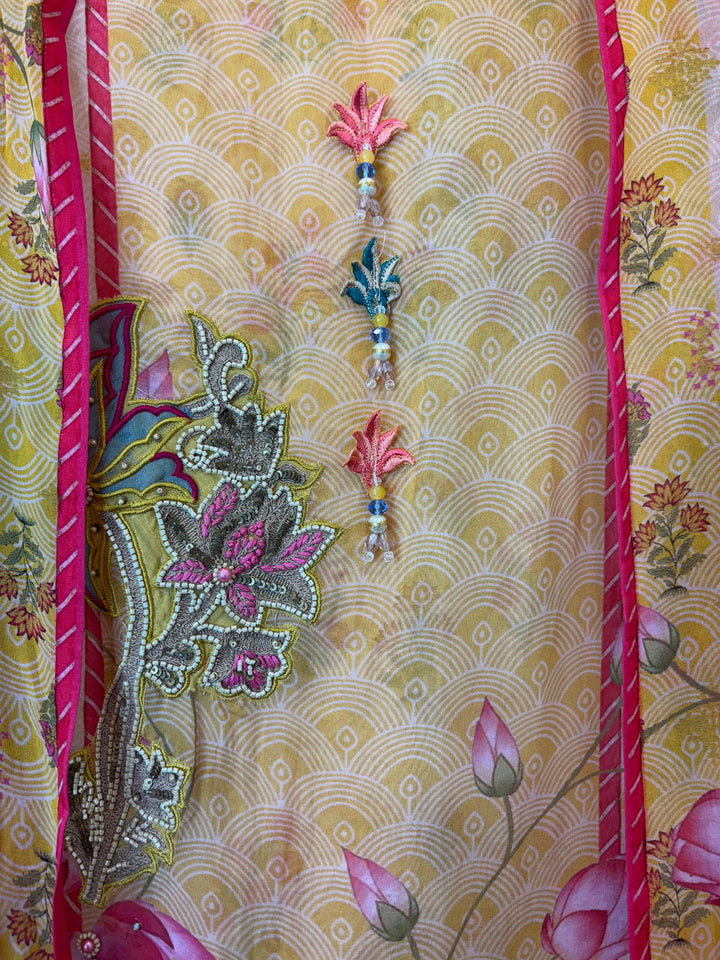 Zarmina – Yellow Organza Printed Tassel Suit