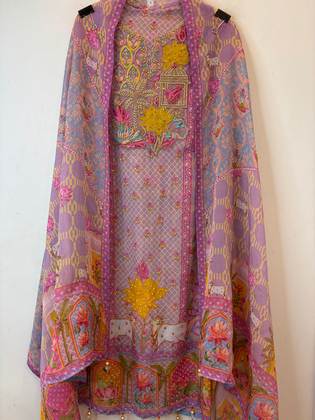 Pichvaya – Organza Lotus Appliqué Suit