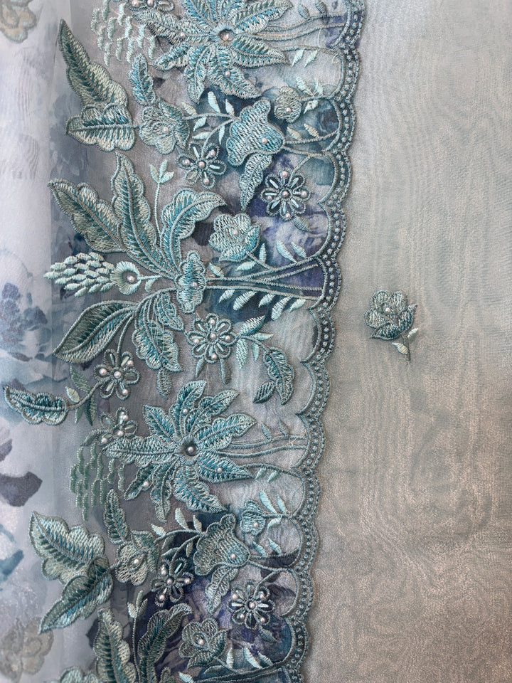 Zehvira – Sea Green Glass Tissue Embroidered Suit