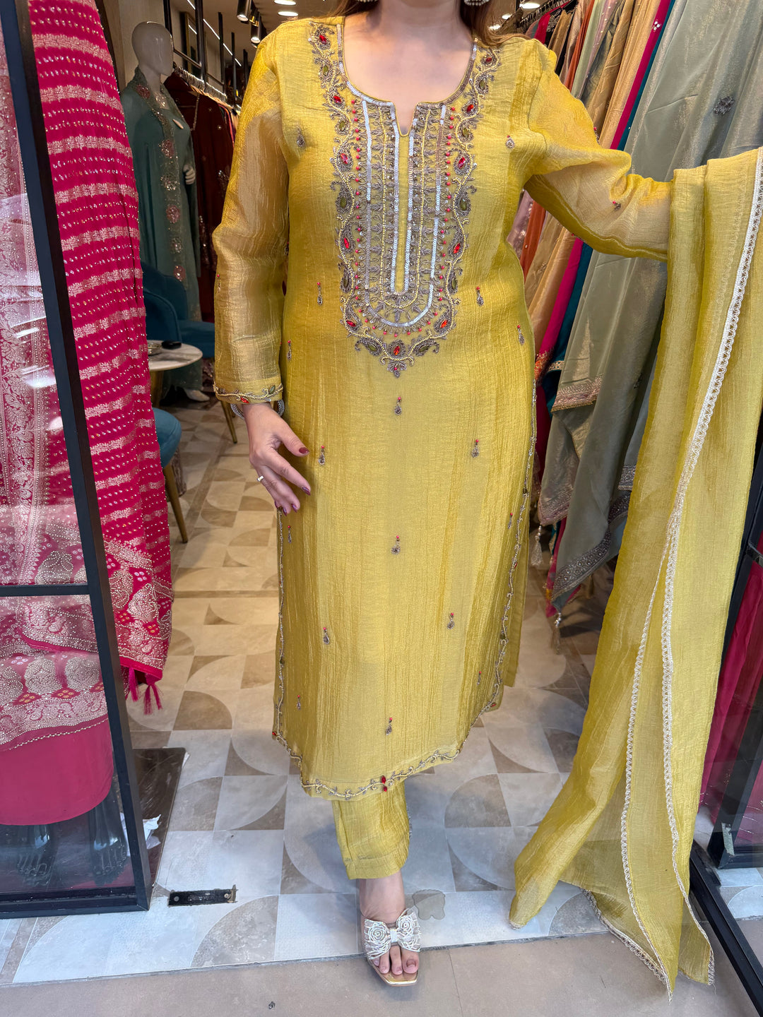 Zareen – Yellow Antique Gold Dabka Embellished Straight Pant Set
