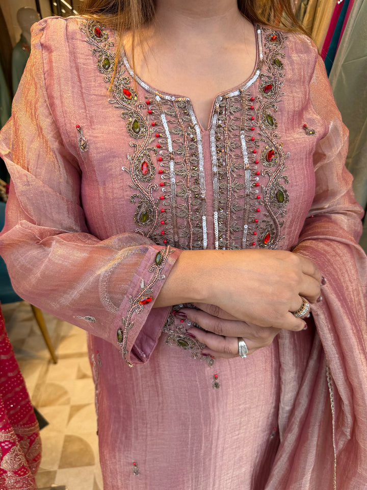 Zareen – Pink Antique Gold Dabka Embellished Straight Pant Set