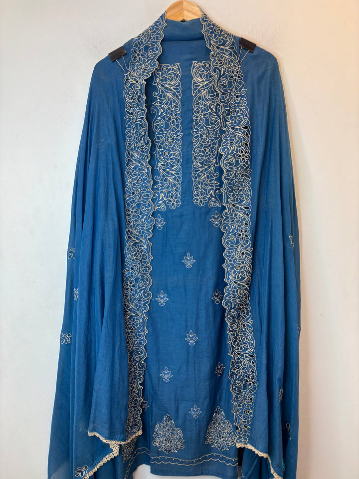 Zehira – Blue Mul Cotton Cutwork Pearl Suit