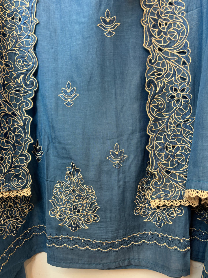 Zehira – Blue Mul Cotton Cutwork Pearl Suit