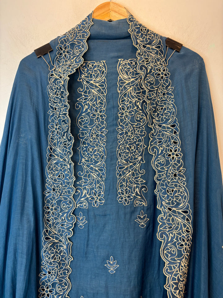 Zehira – Blue Mul Cotton Cutwork Pearl Suit