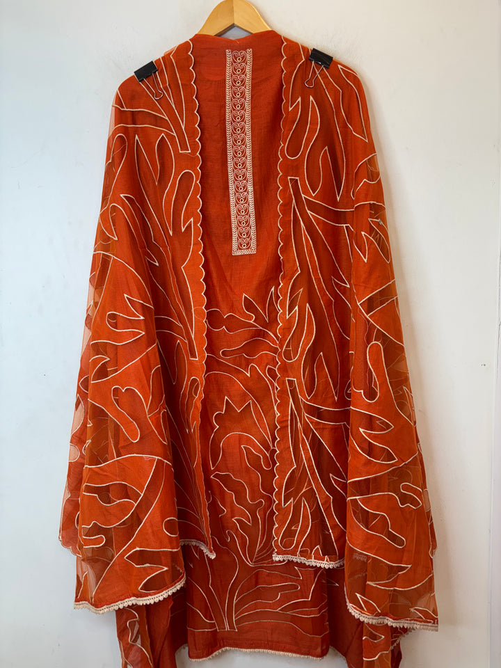 Applira – Orange Mul Cotton Net Appliqué Suit