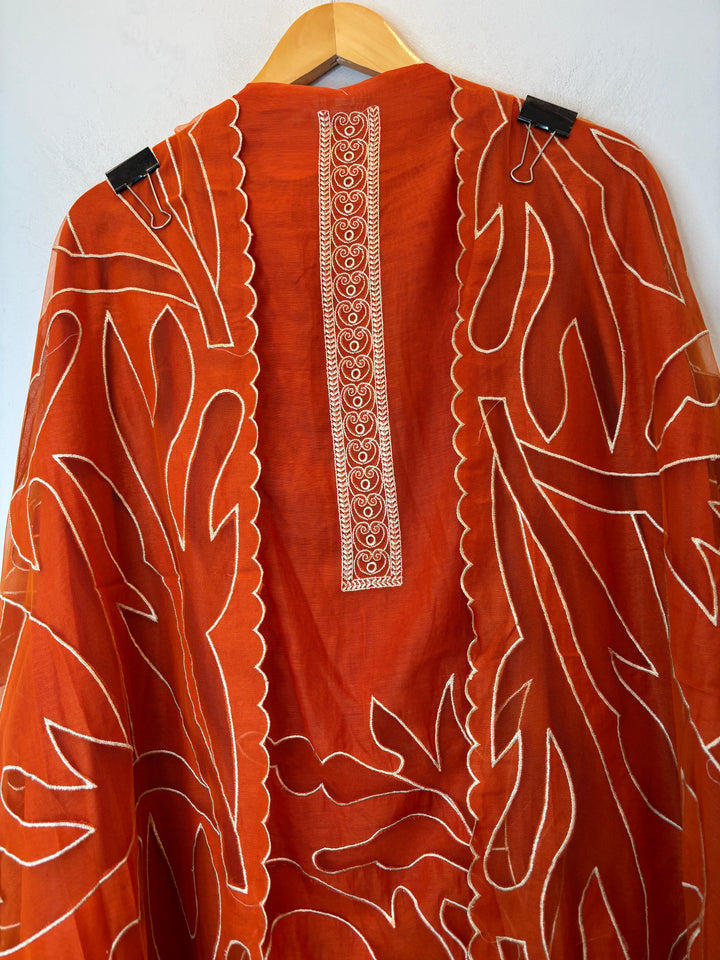 Applira – Orange Mul Cotton Net Appliqué Suit