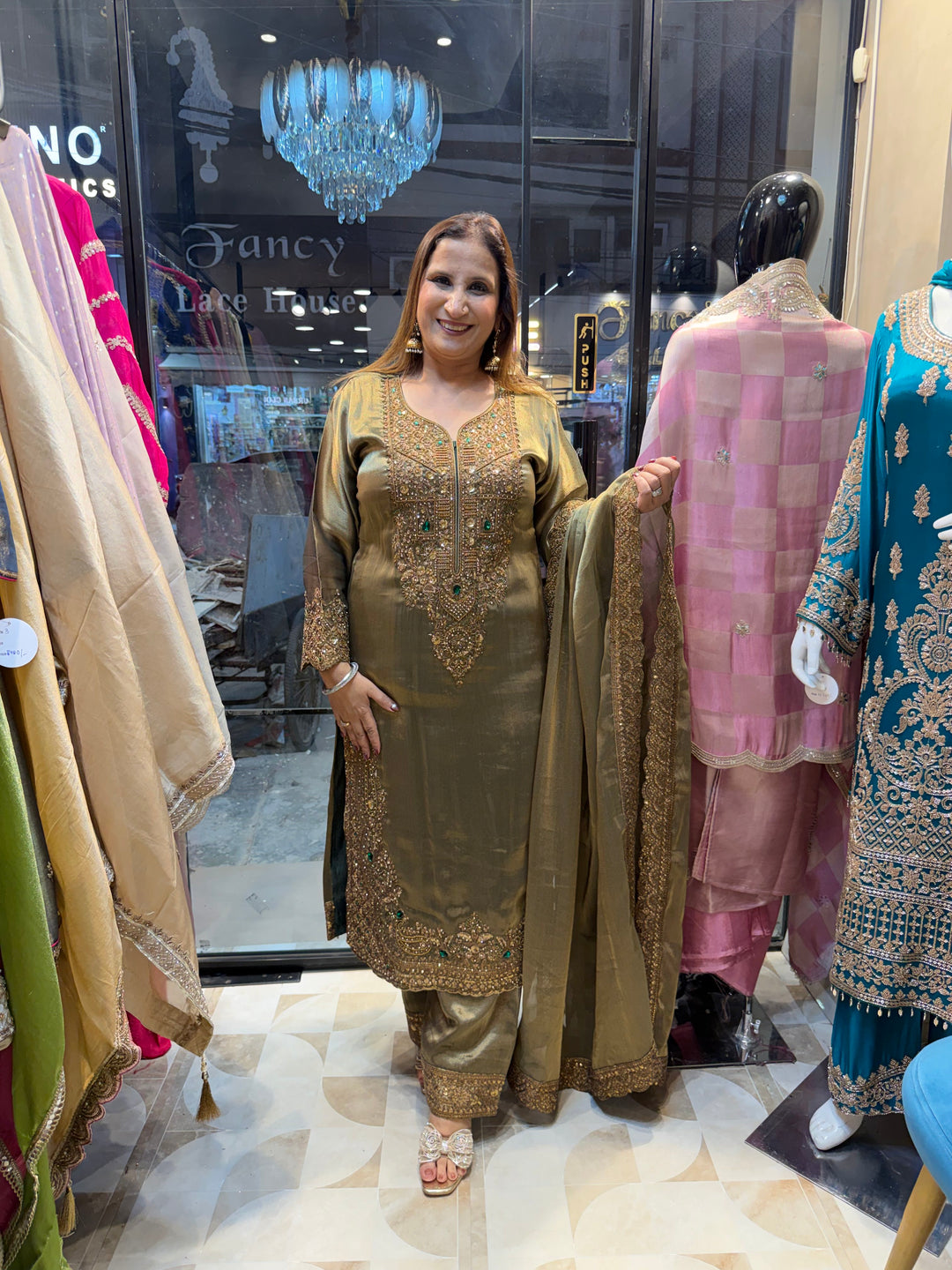 Meher – Metallic Green Tissue Metallic Zari &amp; Emerald Embellished Set