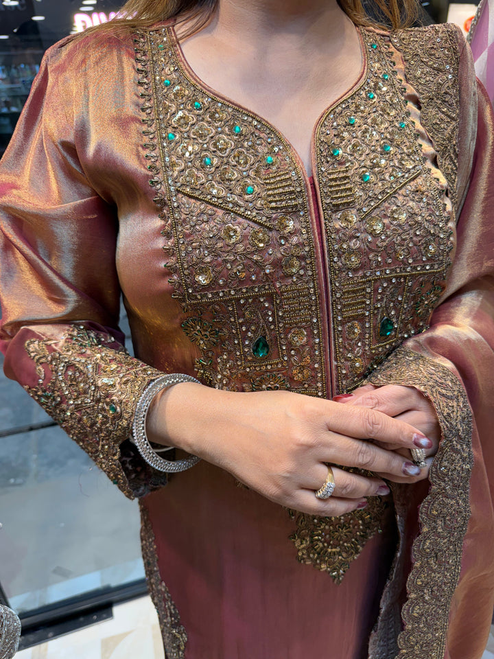 Meher –  Antique Peach Tissue Metallic Zari &amp; Emerald Embellished Set