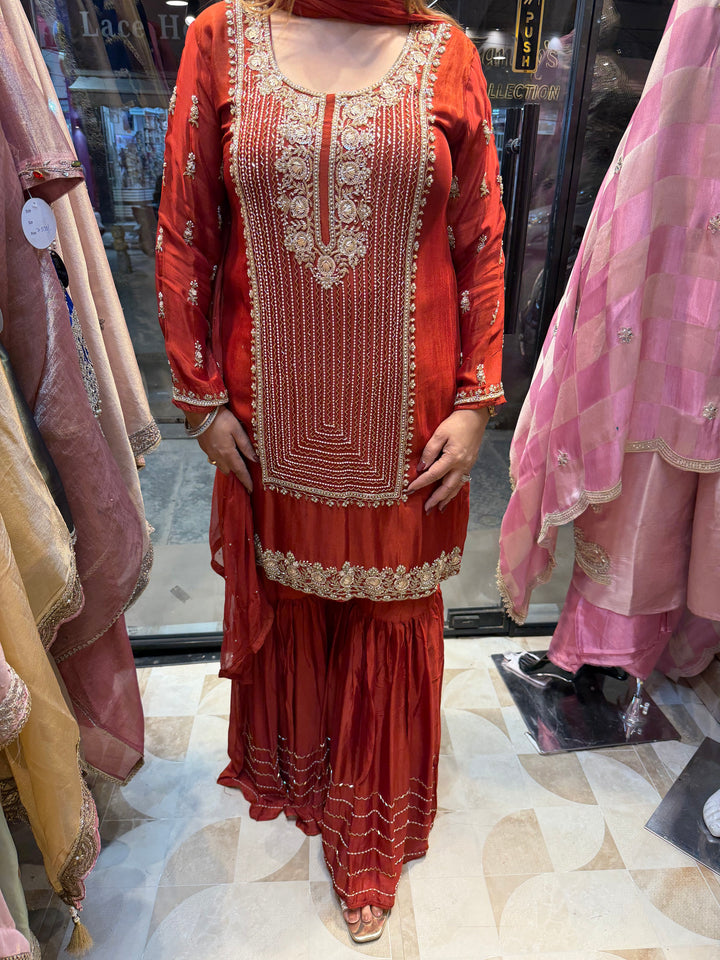 Zehnara – Orange Chinon Pearl &amp; Dabka Embellished Garara Set