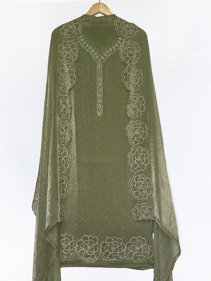 Zarina Sabz – Chiffon Organza Stone &amp; Cutwork Suit