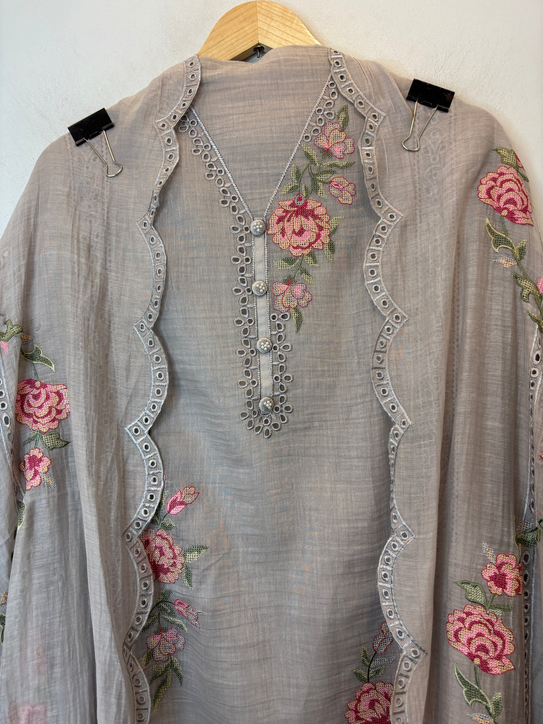 Crovena – Grey Mul Cotton Crochet Suit
