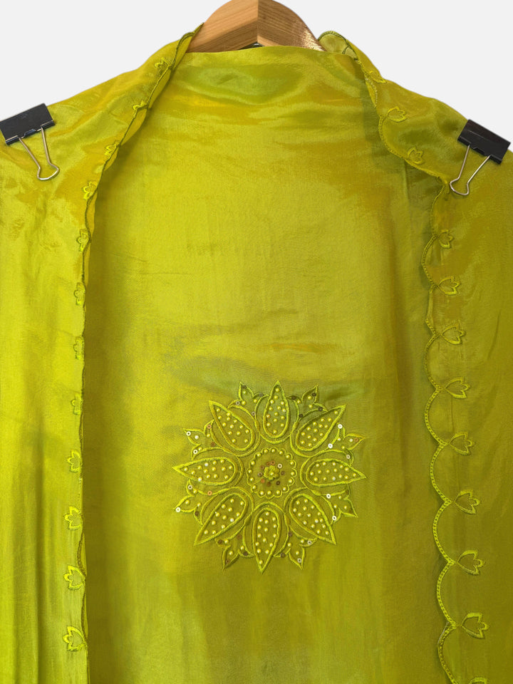 Design by Pakiza green silk organza fabric featuring intricate floral embroidery with pearl and sequin embellishments