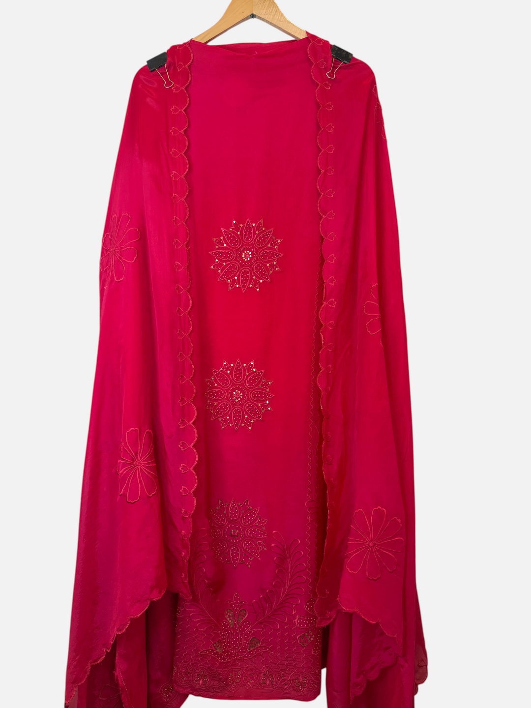 Design by Pakiza red silk organza dupatta featuring intricate floral embroidery and delicate pearl embellishments.