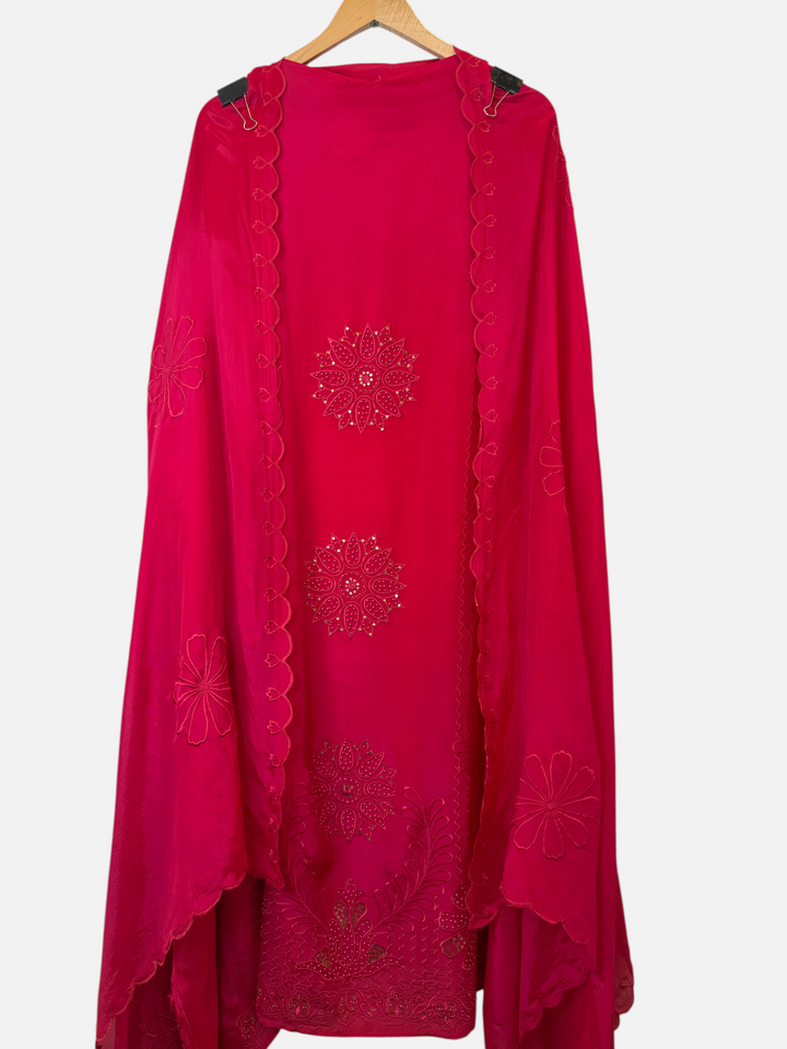 Design by Pakiza red silk organza dupatta featuring intricate floral embroidery and delicate pearl embellishments.
