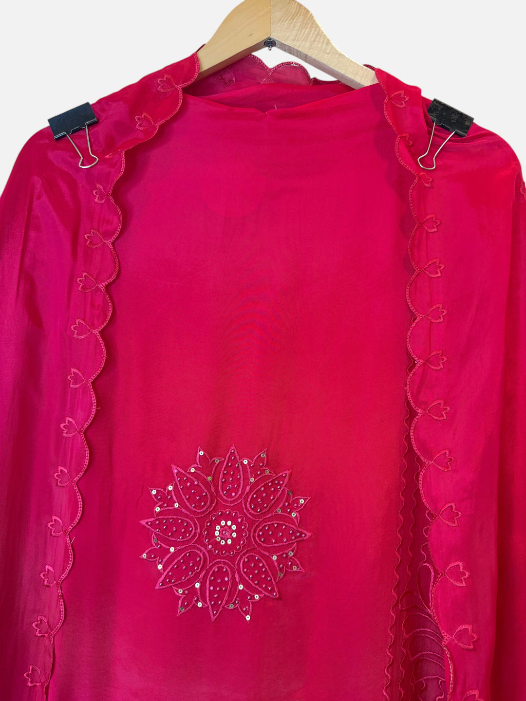 Design by Pakiza red silk organza dupatta with intricate floral embroidery, pearl, and sequin detailing.