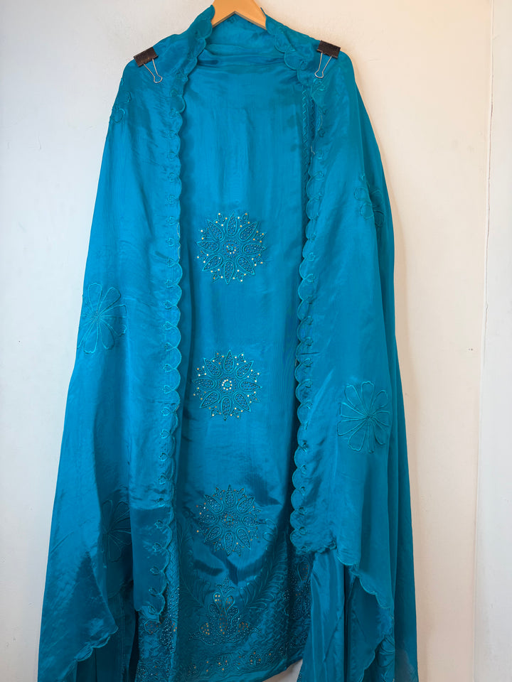 Elina – Blue Silk Organza Pearl Embroidered Ensemble