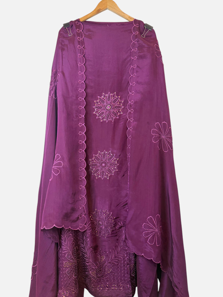 Design by Pakiza purple silk organza dupatta and shirt fabric with intricate floral embroidery and pearl embellishments