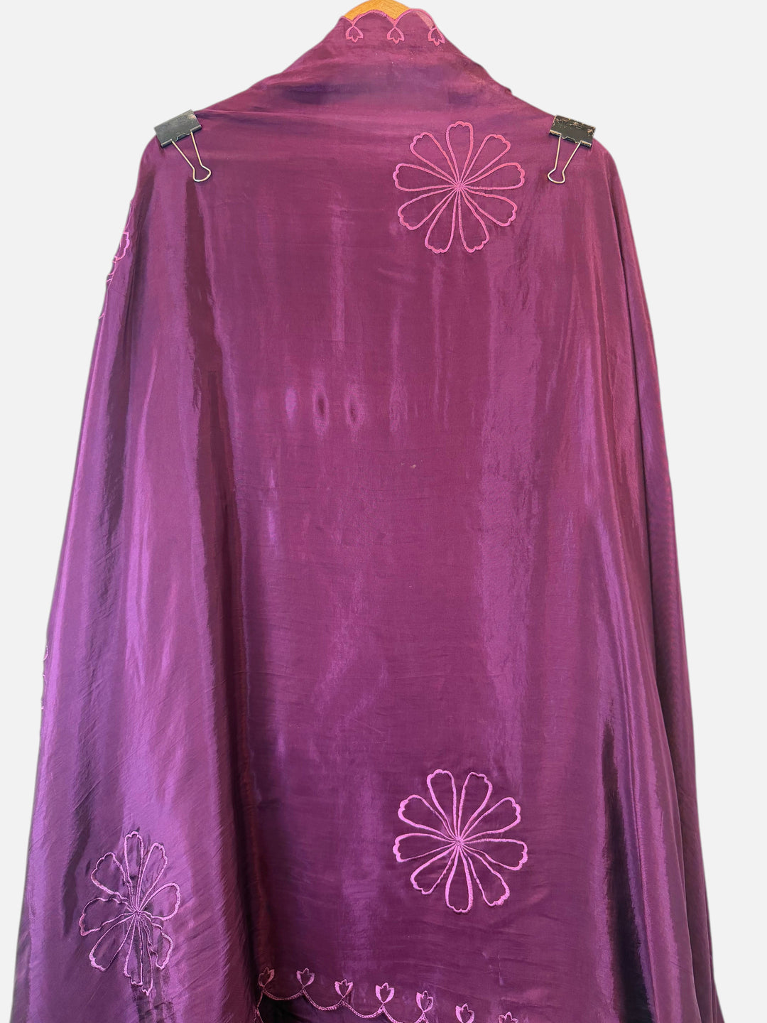 Design by Pakiza purple silk organza fabric with floral embroidery and pearl accents for a 3-piece ensemble