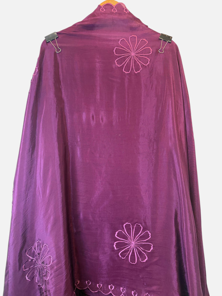 Design by Pakiza purple silk organza fabric with floral embroidery and pearl accents for a 3-piece ensemble