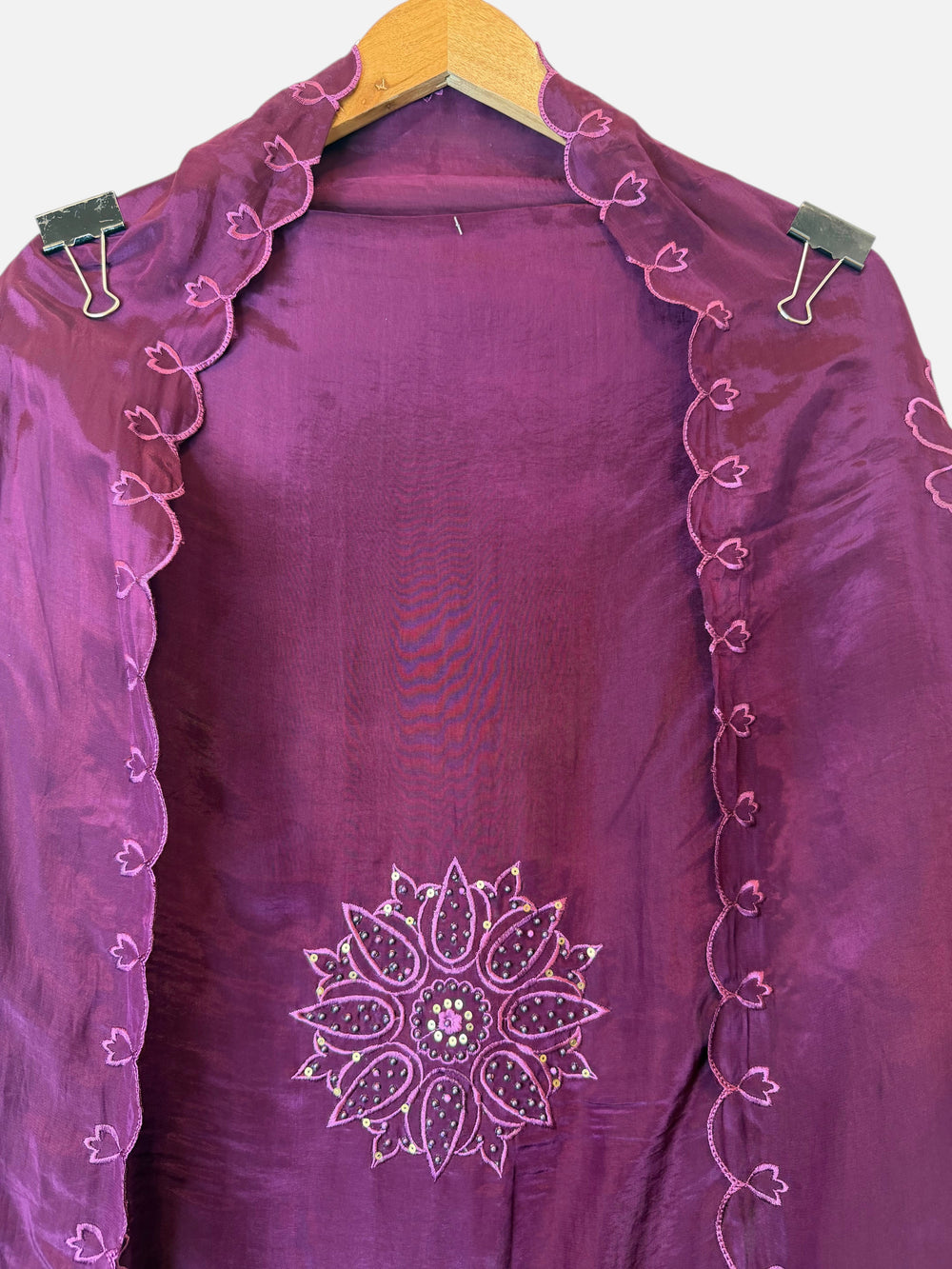 Design by Pakiza purple silk organza dupatta with intricate floral embroidery, pearl, and sequin embellishments.
