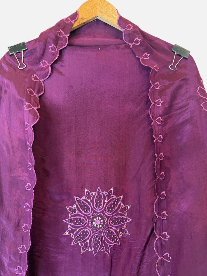 Design by Pakiza purple silk organza dupatta with intricate floral embroidery, pearl, and sequin embellishments.