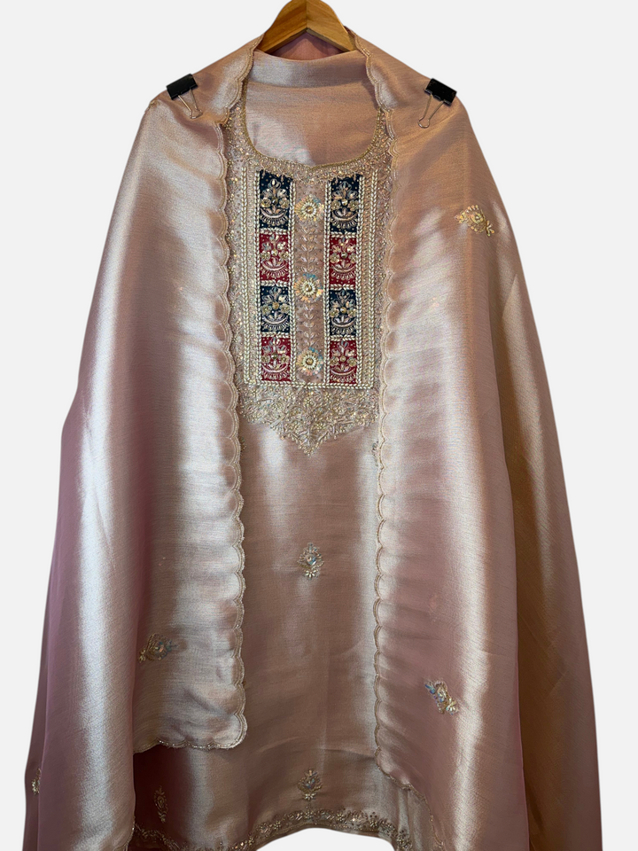 Design by Pakiza unstitched 3-piece ensemble in giraffe tissue with intricate pearl, sequin, and dabka handwork.