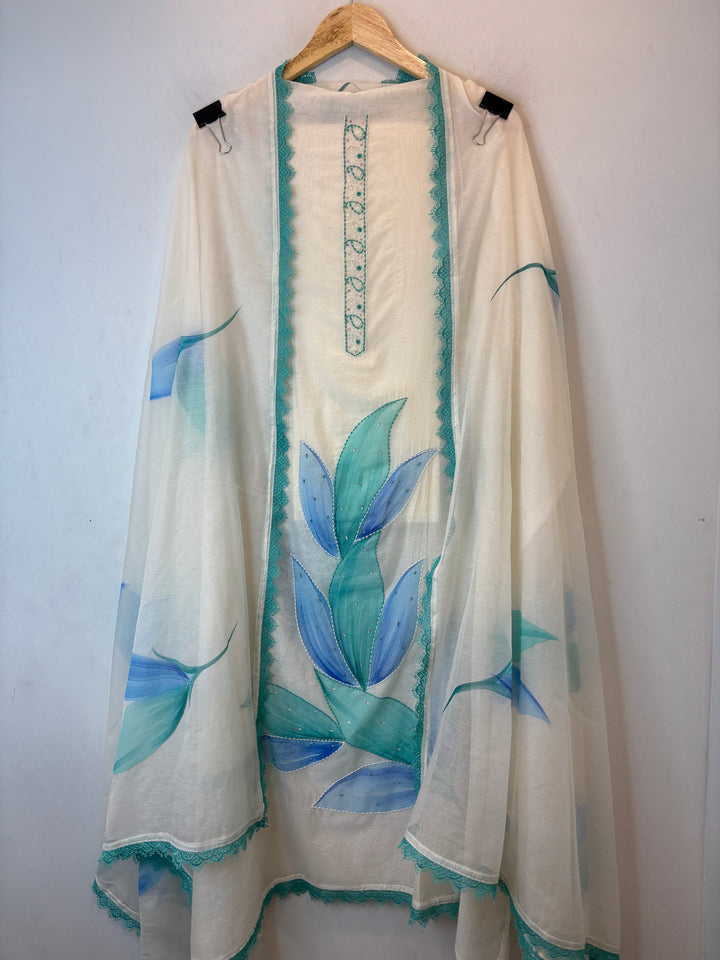Blue Mul Chanderi Hand-Painted Floral Suit Set