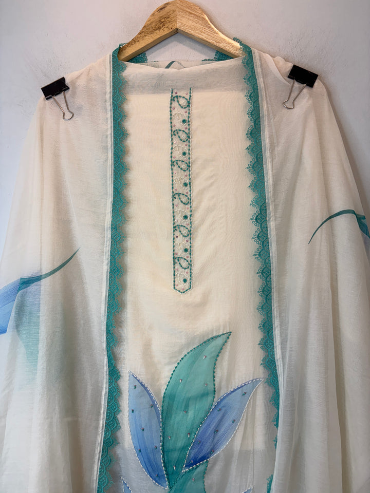 Blue Mul Chanderi Hand-Painted Floral Suit Set