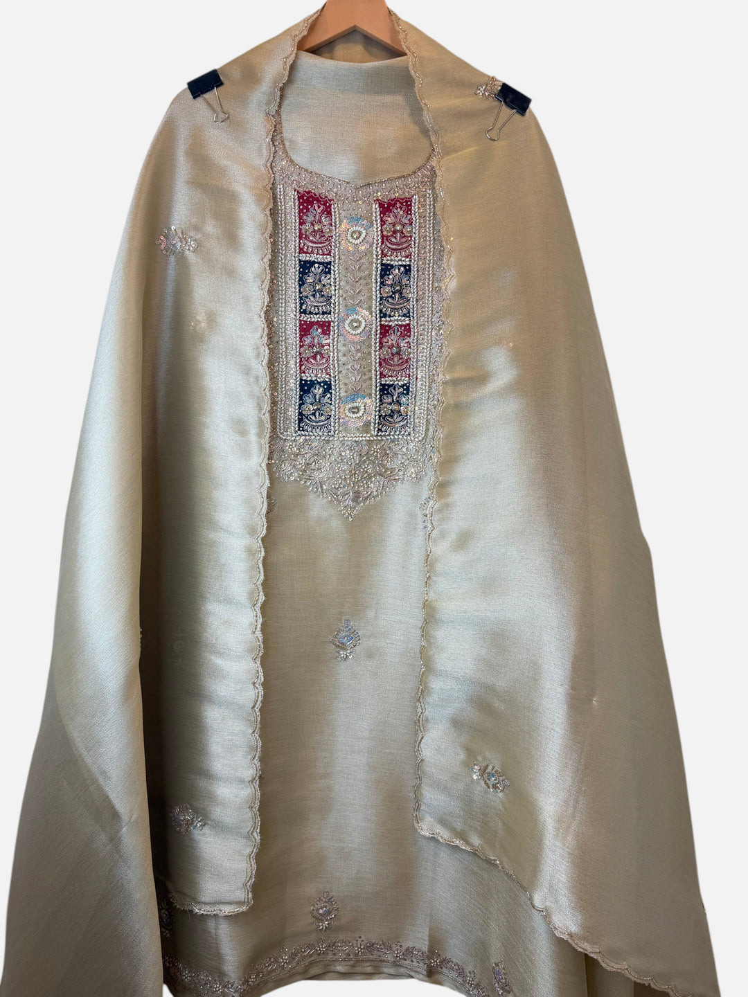 Design by Pakiza beige giraffe tissue 3-piece ensemble with intricate pearl, sequin, and dabka handwork on the neckline