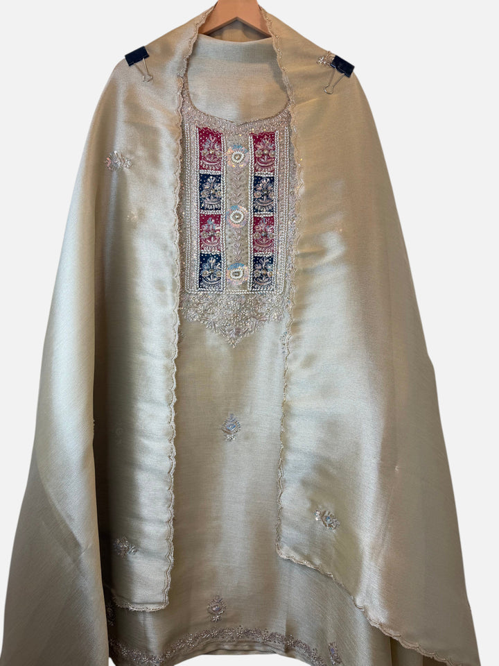 Design by Pakiza beige giraffe tissue 3-piece ensemble with intricate pearl, sequin, and dabka handwork on the neckline