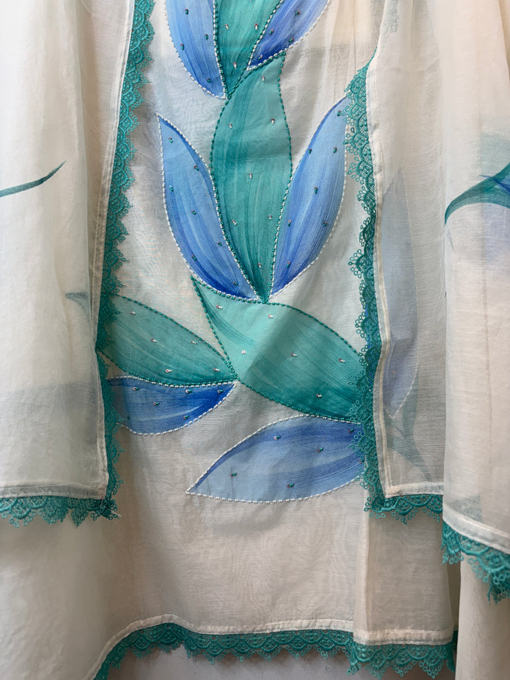Blue Mul Chanderi Hand-Painted Floral Suit Set