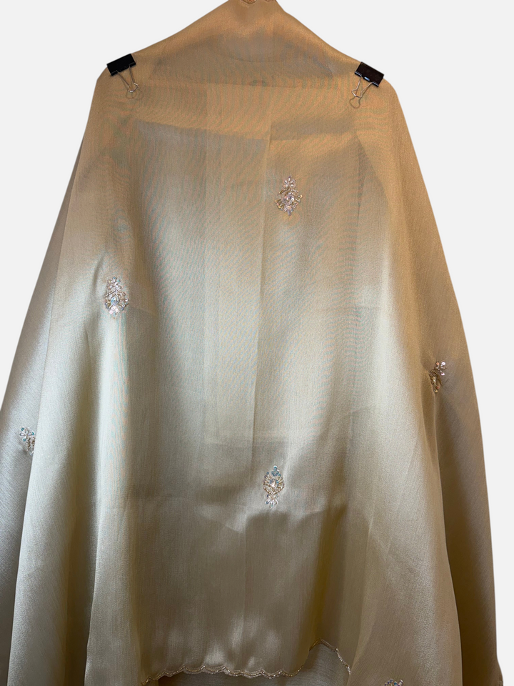 Design by Pakiza gold giraffe tissue dupatta with scalloped edges and delicate hand-embroidered pearl and dabka booties
